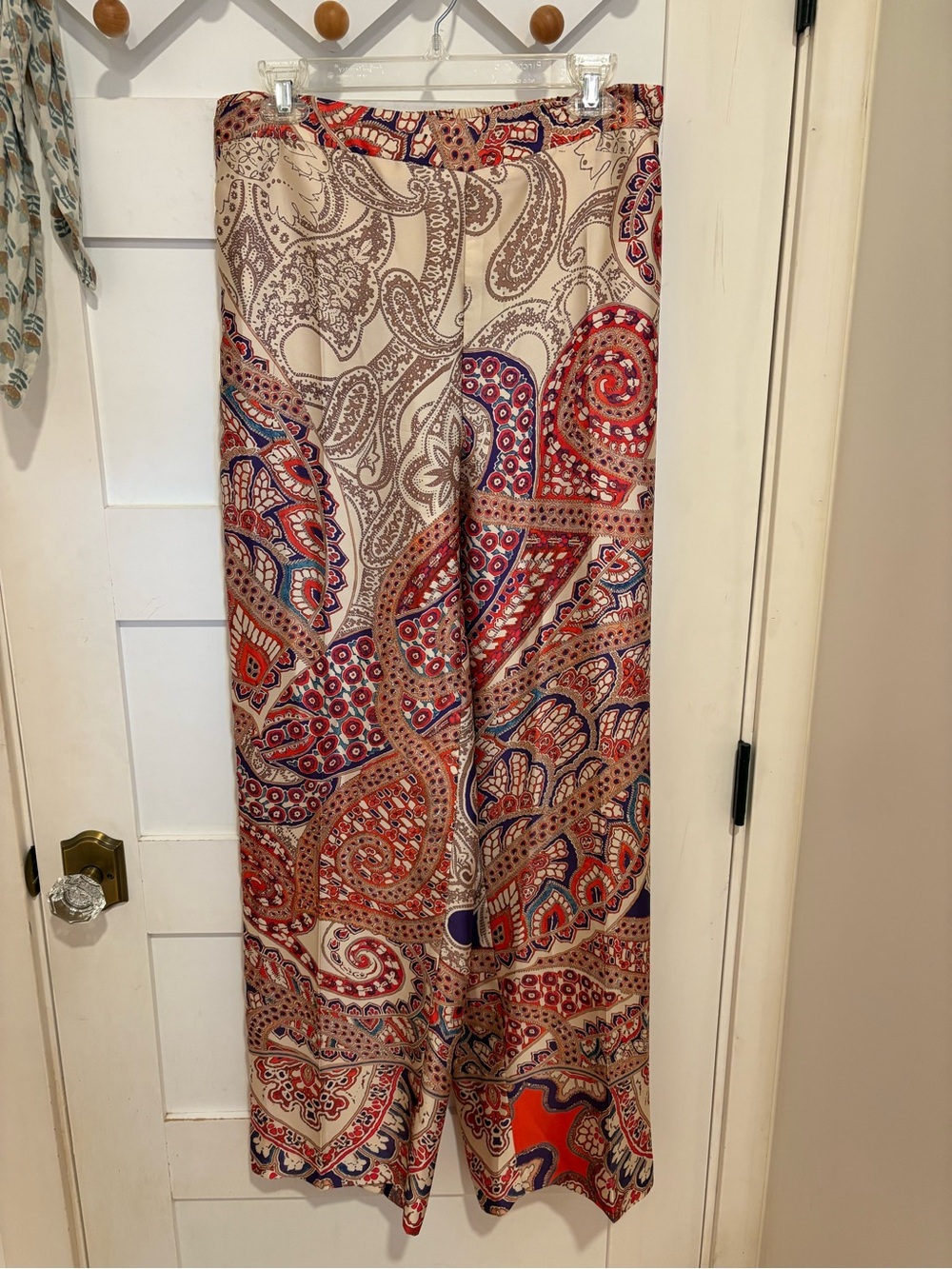 EUC Zara Cream Paisley Palazzo Pants with Red and Navy Accents